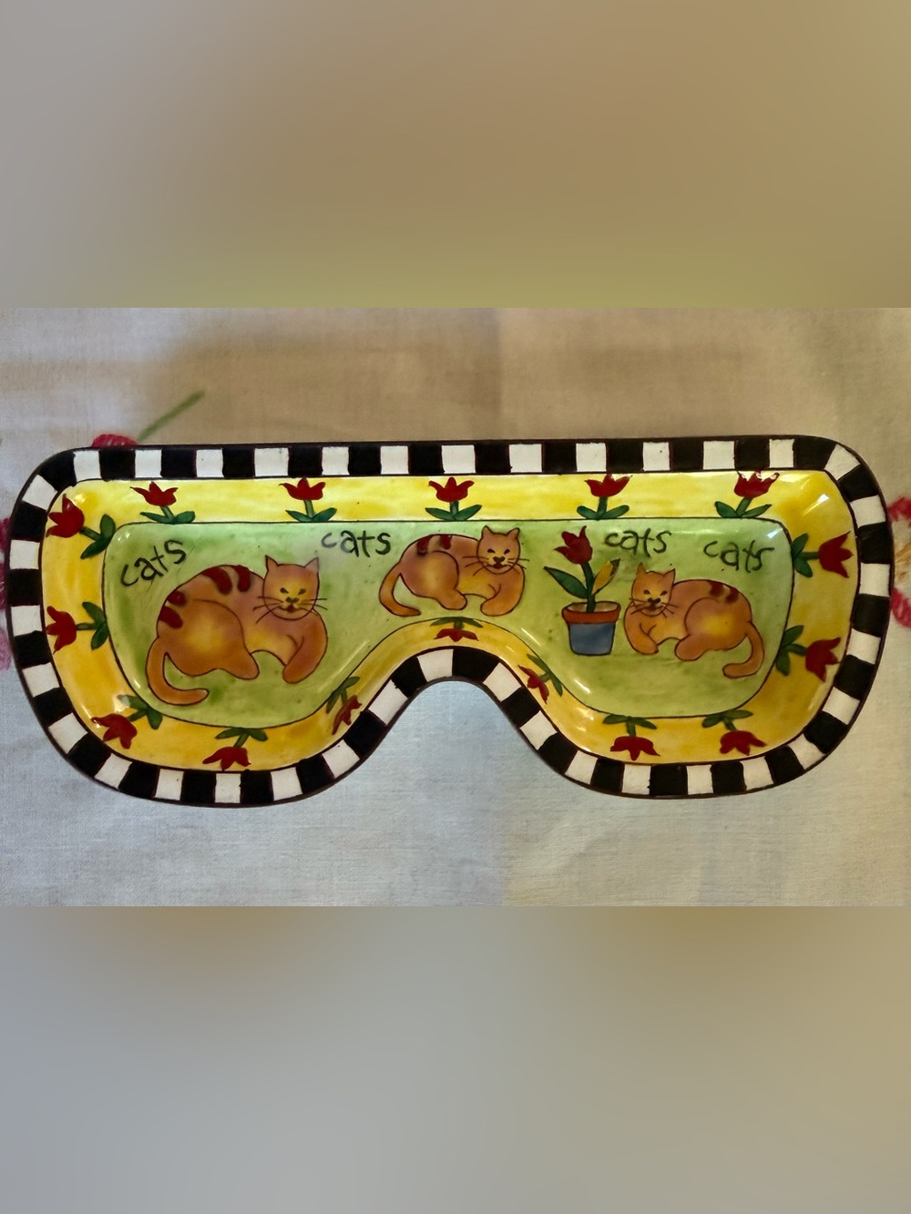 Kevin Chen enamel on copper eyeglass holder tray “Cats” design signed Vintage